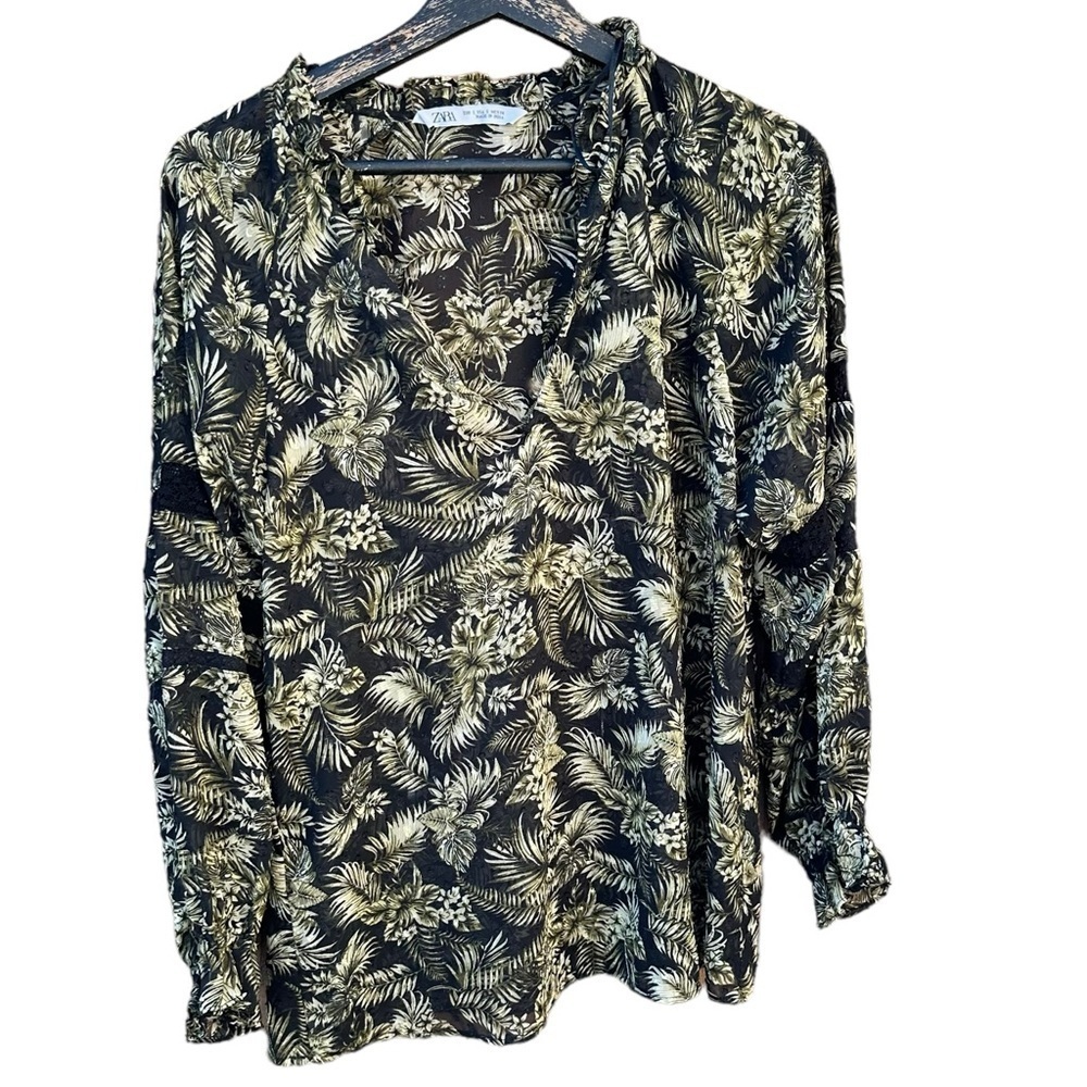Zara women's long sleeve brown and tan sheer blouse size small